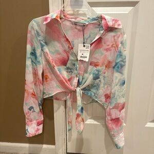 Zara Women's Tie-Front Blouse - Pink, Blue, White